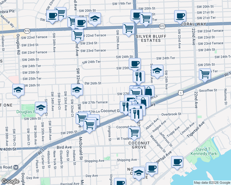 map of restaurants, bars, coffee shops, grocery stores, and more near 2711 Southwest 29th Court in Miami
