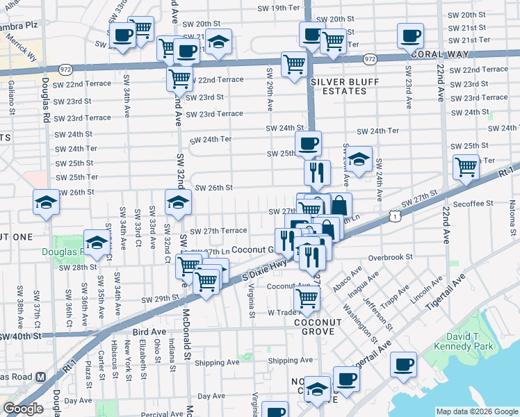 map of restaurants, bars, coffee shops, grocery stores, and more near 2711 Southwest 29th Court in Miami