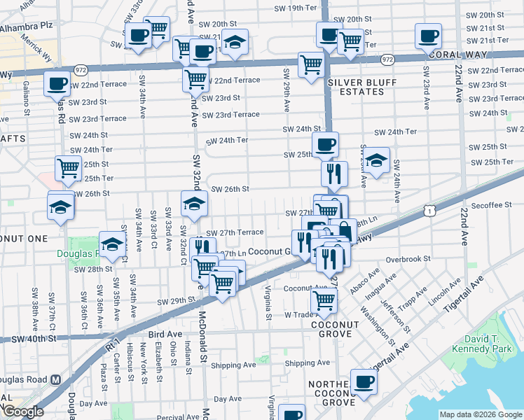 map of restaurants, bars, coffee shops, grocery stores, and more near 3030 Southwest 27th Street in Miami