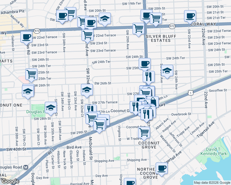map of restaurants, bars, coffee shops, grocery stores, and more near 3030 Southwest 27th Street in Miami