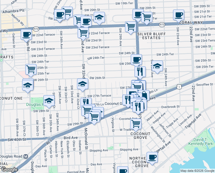 map of restaurants, bars, coffee shops, grocery stores, and more near 3030 Southwest 27th Street in Miami
