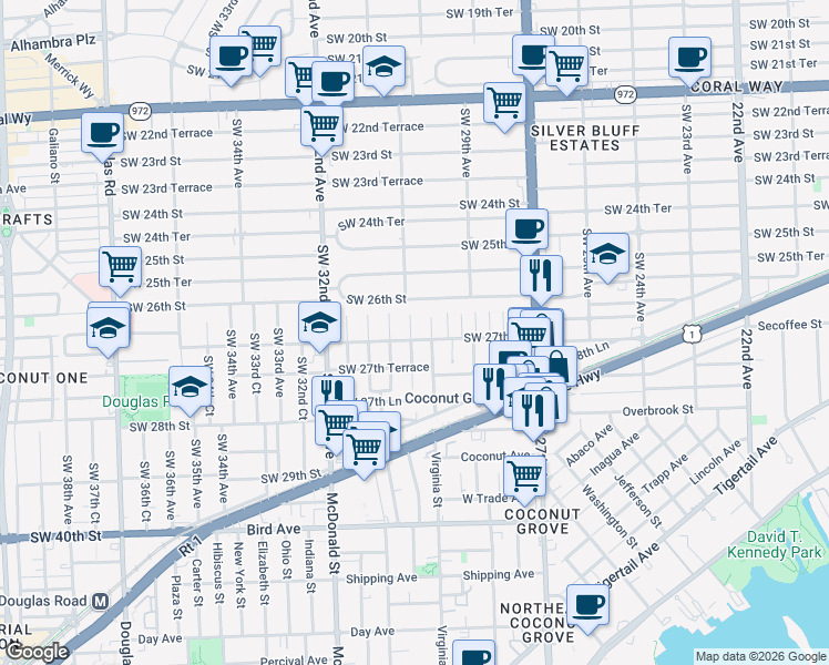 map of restaurants, bars, coffee shops, grocery stores, and more near 3030 Southwest 27th Street in Miami