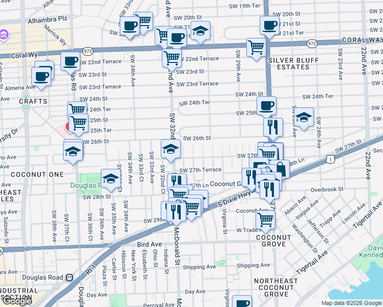 map of restaurants, bars, coffee shops, grocery stores, and more near 3110 Southwest 27th Street in Miami