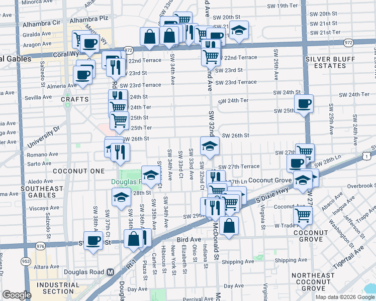 map of restaurants, bars, coffee shops, grocery stores, and more near 3342 Southwest 27th Street in Miami