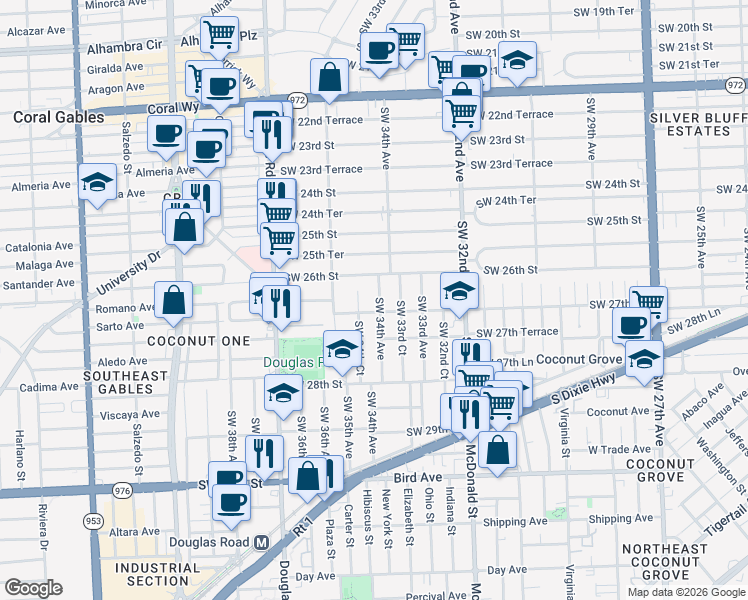 map of restaurants, bars, coffee shops, grocery stores, and more near 3400-3402 Southwest 27th Street in Miami