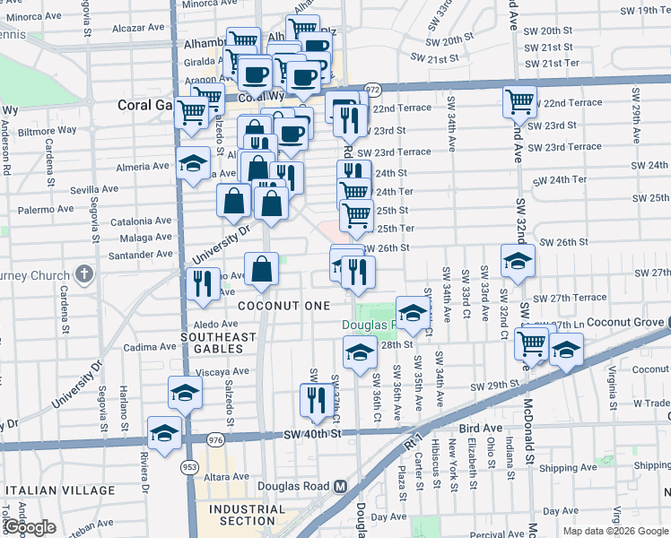 map of restaurants, bars, coffee shops, grocery stores, and more near 2660 Southwest 37th Avenue in Miami