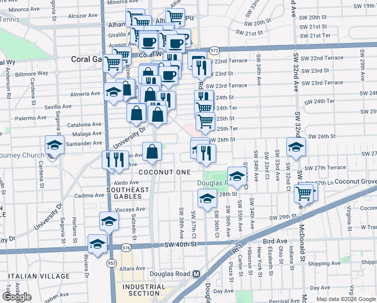 map of restaurants, bars, coffee shops, grocery stores, and more near 3783 Southwest 27th Street in Miami