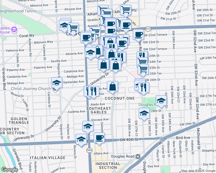 map of restaurants, bars, coffee shops, grocery stores, and more near 213 Sarto Avenue in Coral Gables