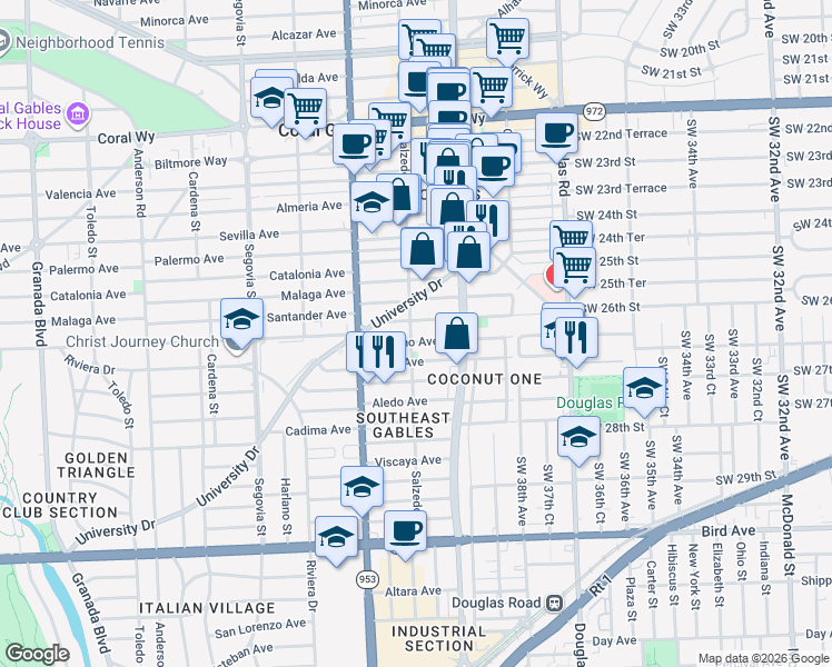 map of restaurants, bars, coffee shops, grocery stores, and more near 300 Romano Avenue in Coral Gables