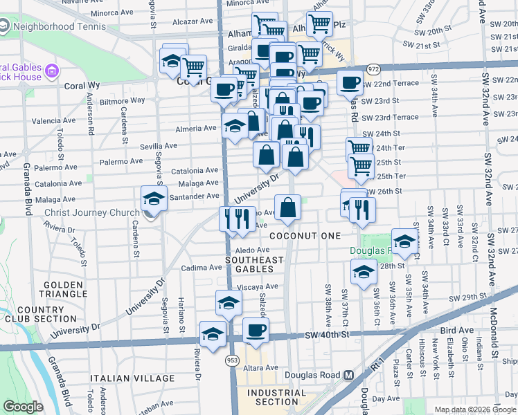 map of restaurants, bars, coffee shops, grocery stores, and more near 300 Romano Avenue in Coral Gables