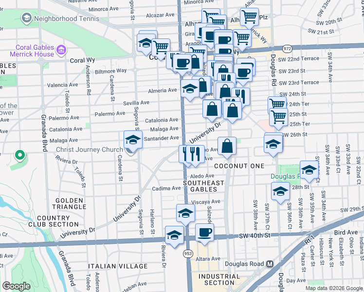 map of restaurants, bars, coffee shops, grocery stores, and more near 3225 South Le Jeune Road in Coral Gables
