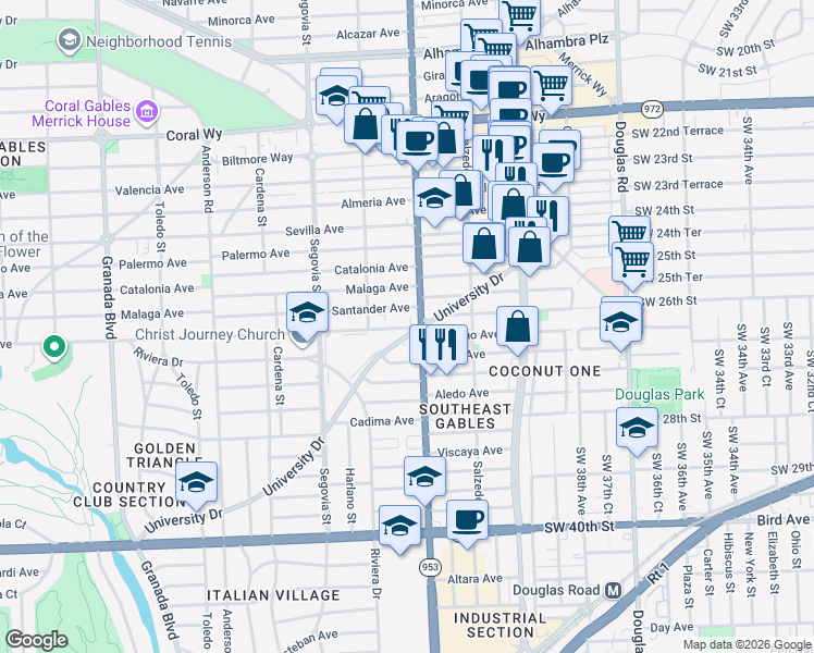 map of restaurants, bars, coffee shops, grocery stores, and more near 405 University Drive in Coral Gables