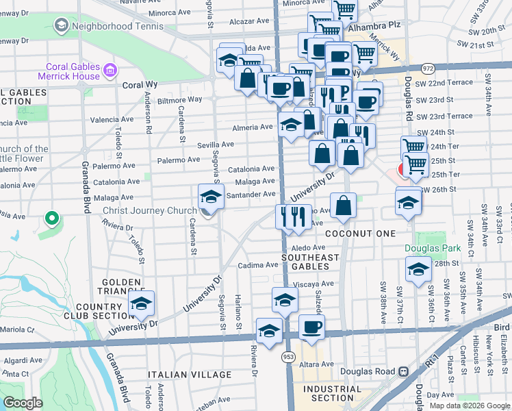 map of restaurants, bars, coffee shops, grocery stores, and more near 405 University Drive in Coral Gables