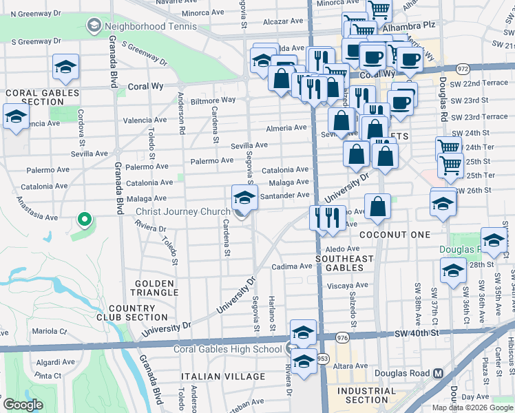 map of restaurants, bars, coffee shops, grocery stores, and more near 610 Anastasia Avenue in Coral Gables