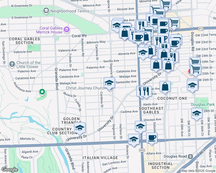 map of restaurants, bars, coffee shops, grocery stores, and more near 610 Anastasia Avenue in Coral Gables