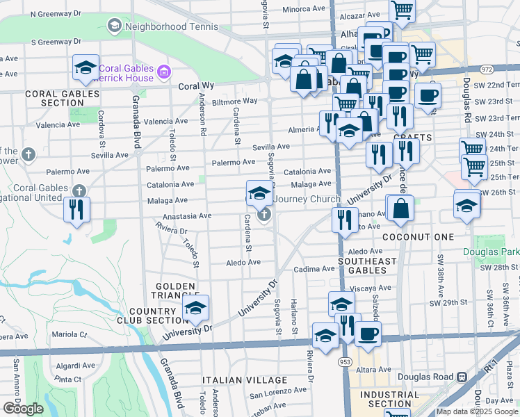 map of restaurants, bars, coffee shops, grocery stores, and more near 636 Anastasia Avenue in Coral Gables