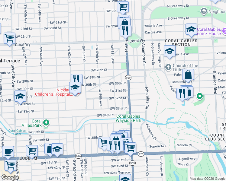 map of restaurants, bars, coffee shops, grocery stores, and more near 5801 Southwest 32nd Street in Miami
