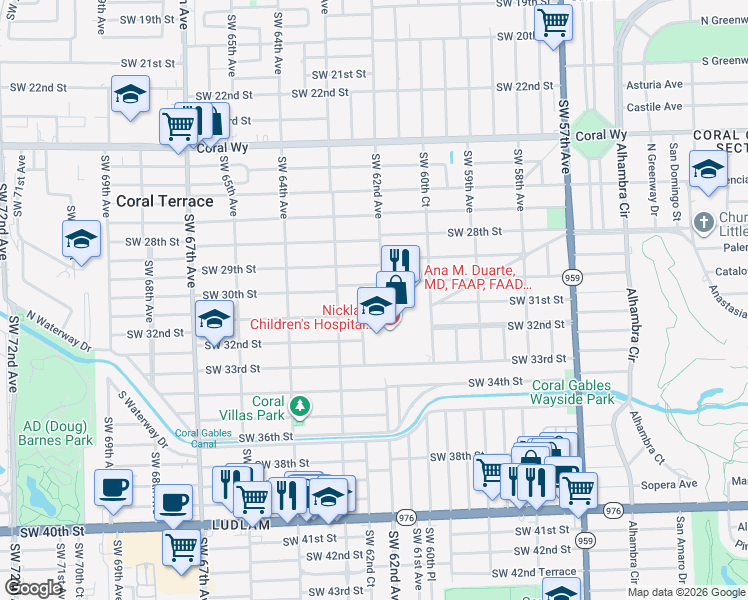 map of restaurants, bars, coffee shops, grocery stores, and more near Unnamed Road in Miami