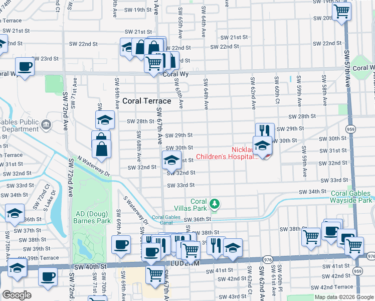 map of restaurants, bars, coffee shops, grocery stores, and more near 6485 Southwest 31st Street in Miami