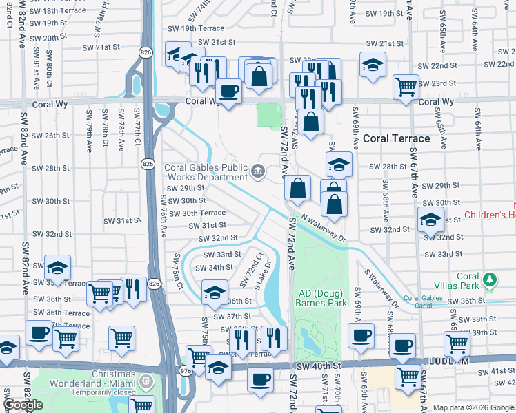 map of restaurants, bars, coffee shops, grocery stores, and more near 7290 South Waterway Drive in Miami