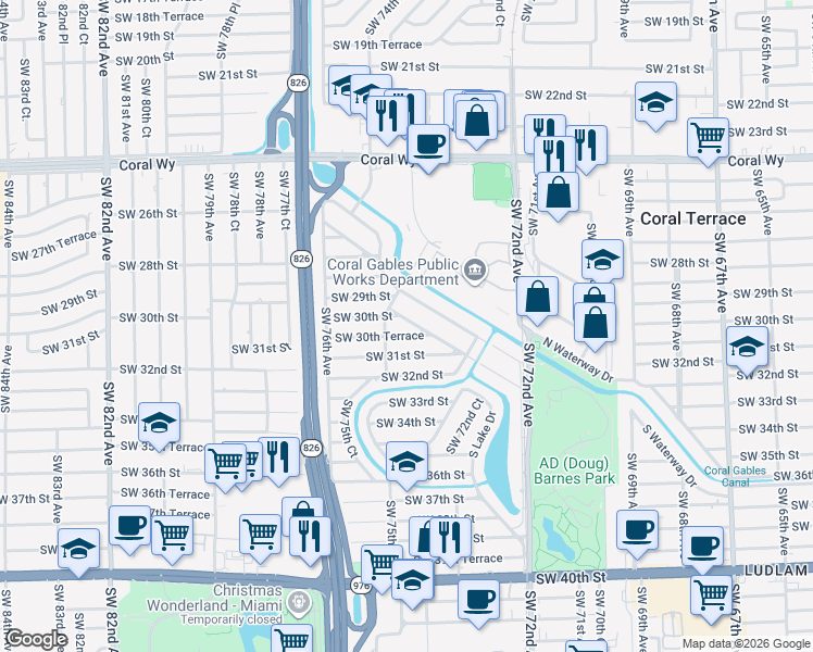 map of restaurants, bars, coffee shops, grocery stores, and more near 7450 Southwest 30th Terrace in Miami