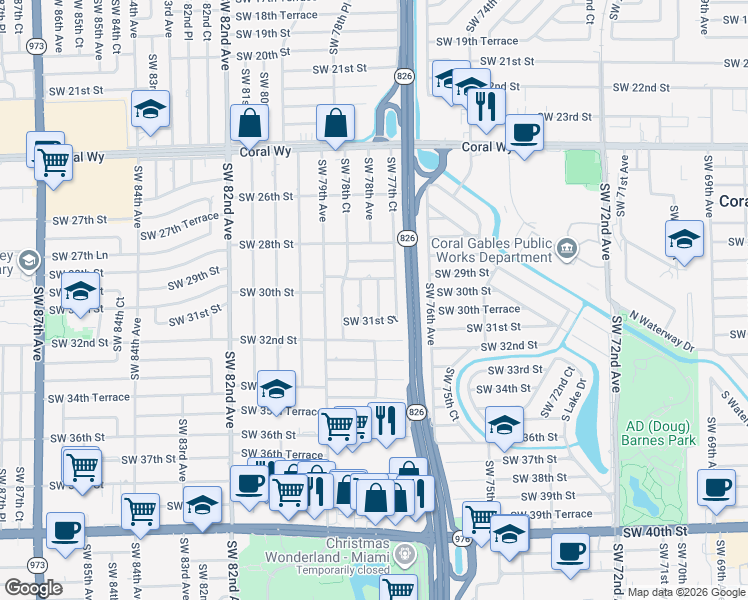 map of restaurants, bars, coffee shops, grocery stores, and more near 3040 Southwest 78th Avenue in Miami
