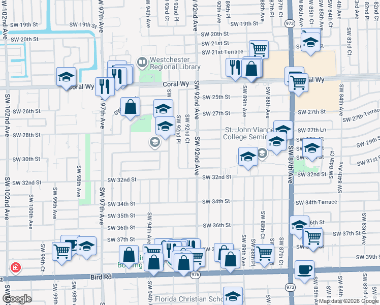 map of restaurants, bars, coffee shops, grocery stores, and more near 3021 Southwest 92nd Court in Miami
