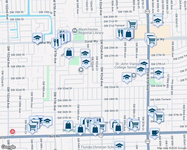 map of restaurants, bars, coffee shops, grocery stores, and more near 3021 Southwest 92nd Court in Miami