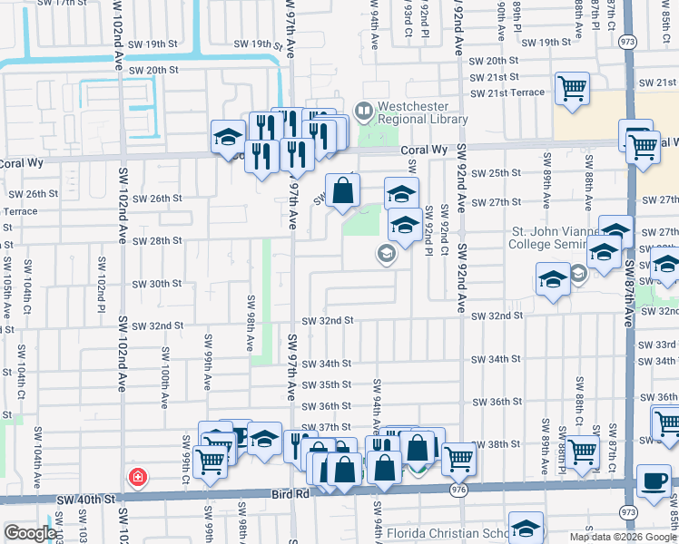map of restaurants, bars, coffee shops, grocery stores, and more near 9451 Southwest 30th Terrace in Miami