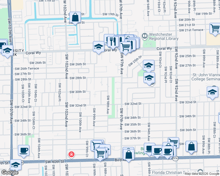 map of restaurants, bars, coffee shops, grocery stores, and more near 3011 Southwest 98th Avenue in Miami