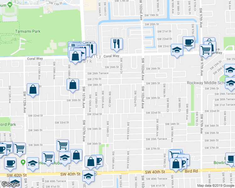 map of restaurants, bars, coffee shops, grocery stores, and more near 3000 Southwest 103rd Court in Miami