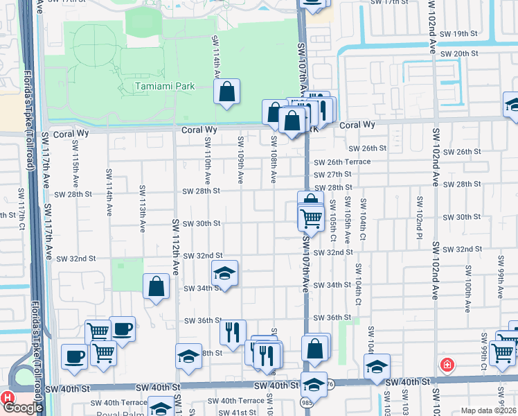 map of restaurants, bars, coffee shops, grocery stores, and more near 10801 Southwest 30th Street in Miami