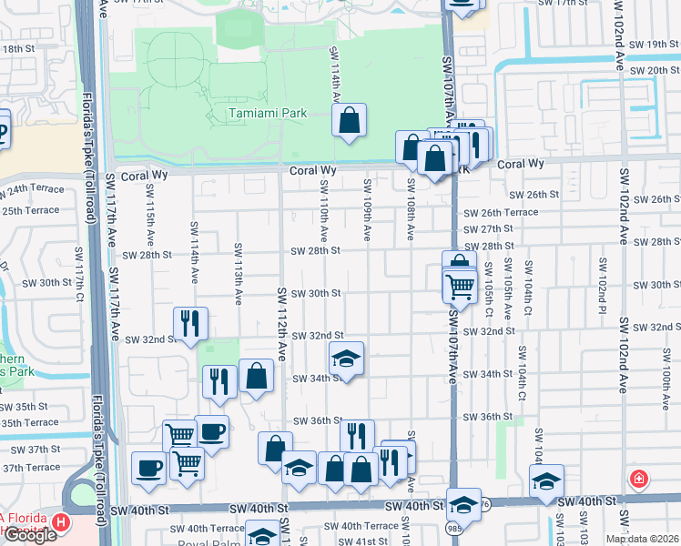 map of restaurants, bars, coffee shops, grocery stores, and more near 2980 Southwest 109th Court in Miami