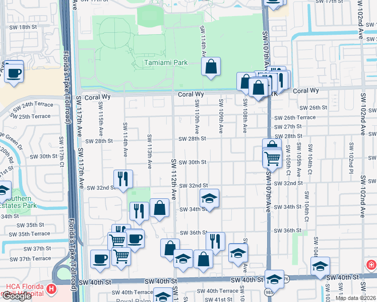map of restaurants, bars, coffee shops, grocery stores, and more near 2961 Southwest 111th Avenue in Miami