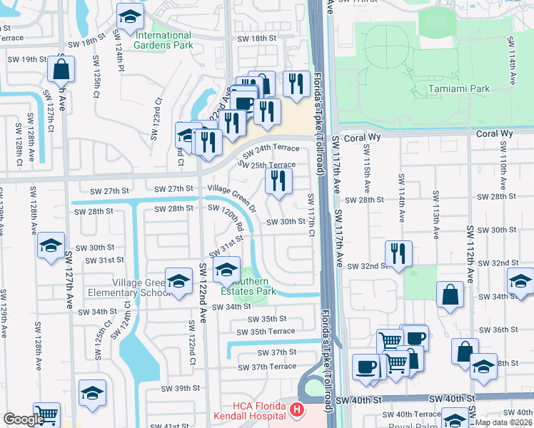 map of restaurants, bars, coffee shops, grocery stores, and more near 11870 Southwest 30th Street in Miami