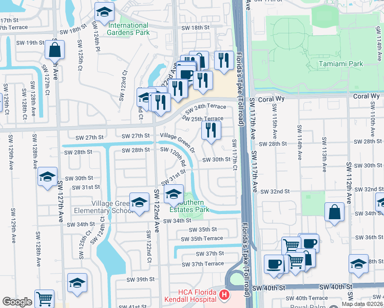 map of restaurants, bars, coffee shops, grocery stores, and more near 2921 Southwest 120th Road in Miami