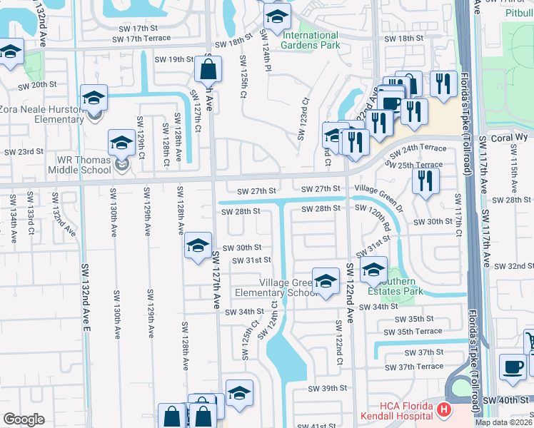 map of restaurants, bars, coffee shops, grocery stores, and more near 2842 Southwest 124th Court in Miami