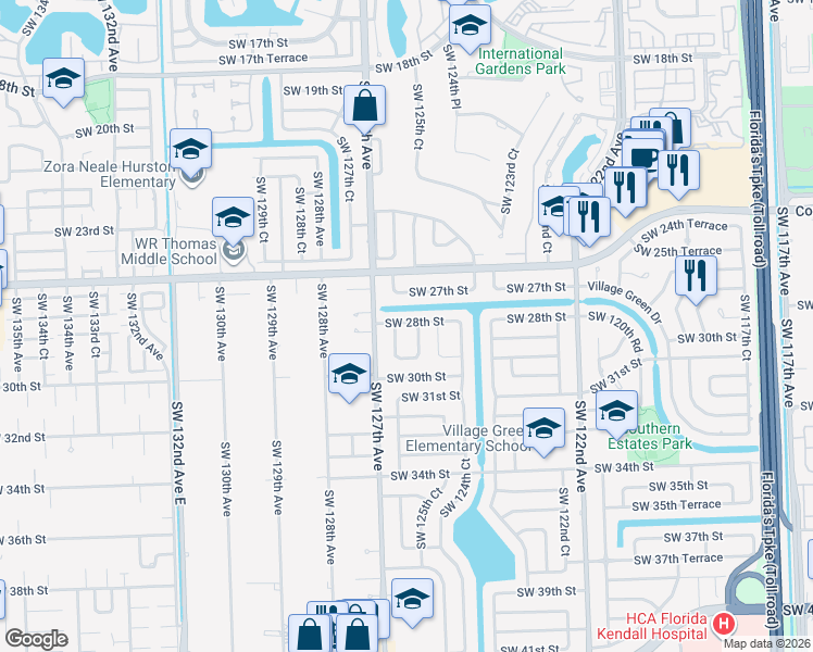 map of restaurants, bars, coffee shops, grocery stores, and more near 2836 Southwest 125th Court in Miami