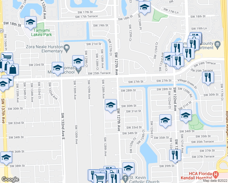 map of restaurants, bars, coffee shops, grocery stores, and more near 2835 Southwest 127th Avenue in Miami