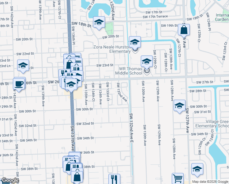 map of restaurants, bars, coffee shops, grocery stores, and more near 13244 Southwest 28th Street in Miami