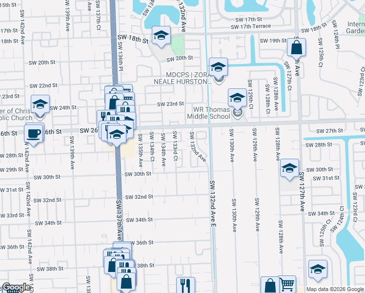 map of restaurants, bars, coffee shops, grocery stores, and more near 13244 Southwest 28th Street in Miami