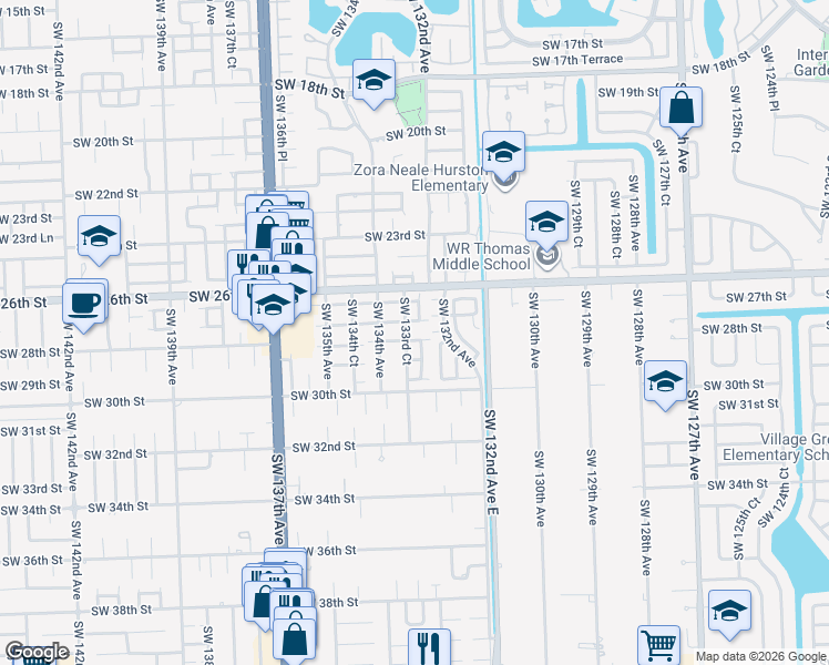 map of restaurants, bars, coffee shops, grocery stores, and more near 13244 Southwest 28th Street in Miami
