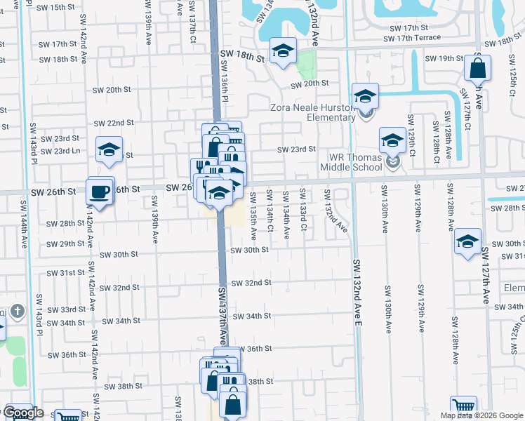 map of restaurants, bars, coffee shops, grocery stores, and more near 13466 Southwest 28th Street in Miami