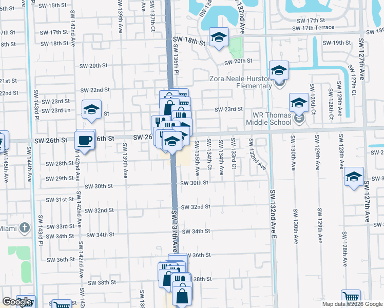 map of restaurants, bars, coffee shops, grocery stores, and more near 13600 Southwest 26th Street in Miami