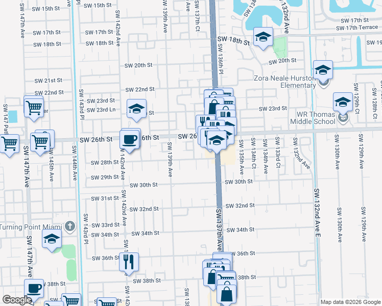 map of restaurants, bars, coffee shops, grocery stores, and more near 2825 Southwest 137th Court in Miami