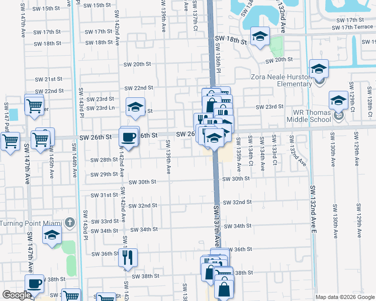 map of restaurants, bars, coffee shops, grocery stores, and more near 2825 Southwest 137th Court in Miami