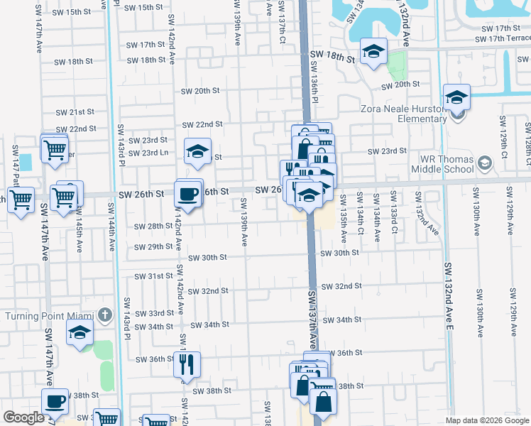 map of restaurants, bars, coffee shops, grocery stores, and more near 2804 Southwest 138th Path in Miami
