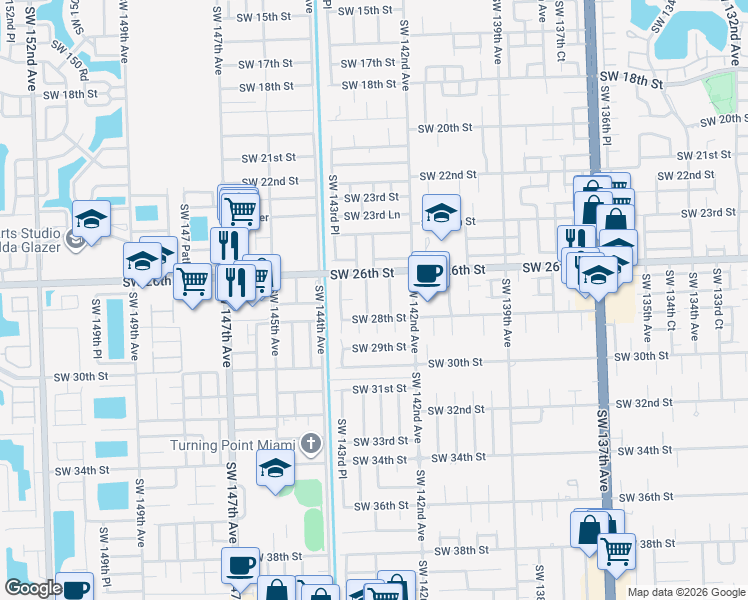 map of restaurants, bars, coffee shops, grocery stores, and more near 14241 Southwest 28th Street in Miami