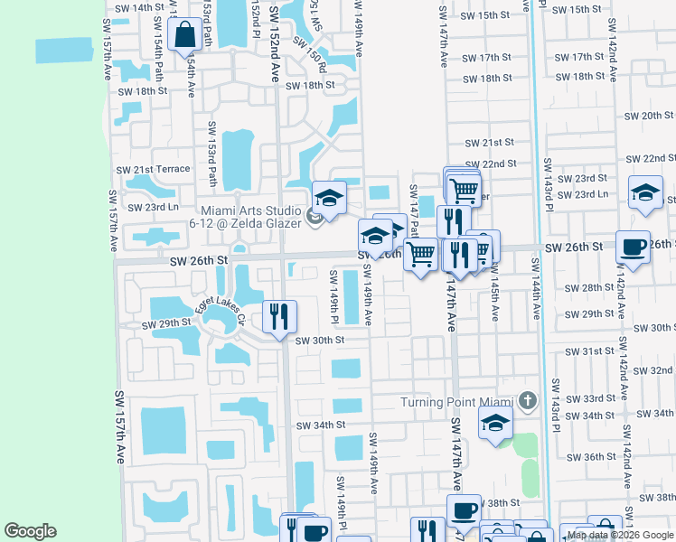 map of restaurants, bars, coffee shops, grocery stores, and more near 2721 Southwest 149th Place in Miami