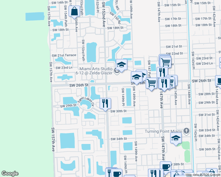 map of restaurants, bars, coffee shops, grocery stores, and more near 15060 Southwest 27th Street in Miami